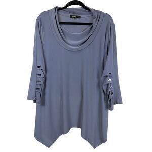 Yushi Blue Cowl Neck 3/4  Sleeve Decorative Button Flowy Top Size LARGE USA